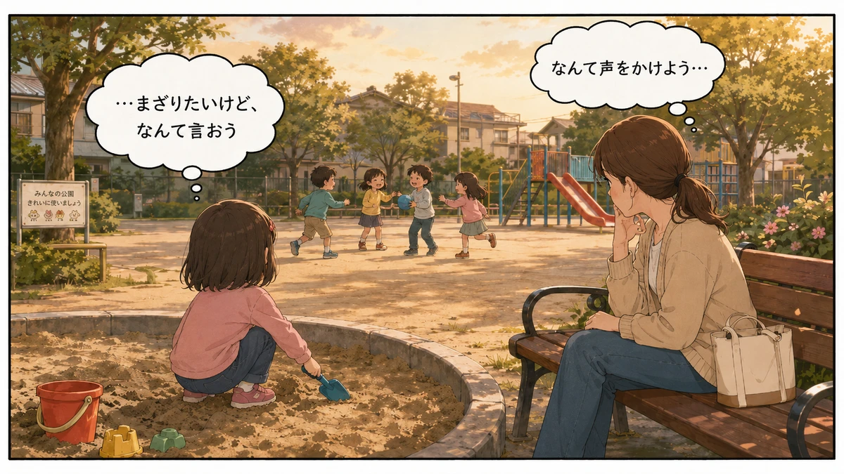 公園の砂場で友達の輪に入れずにいる女の子が、遊んでいる子どもたちを見つめている様子と、少し離れたベンチから心配そうに見守る母親