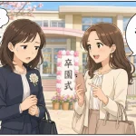 卒園式のあとの園庭でママ友からLINEグループの話をされて返事に困っている母親