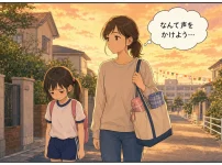 運動会の帰り道、うつむいて歩く女の子と、顔をのぞきこまず隣に寄り添って歩く母親