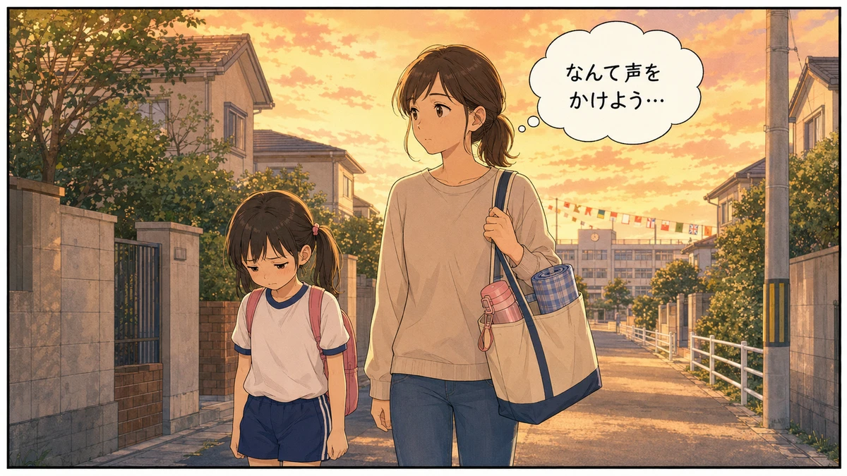 運動会の帰り道、うつむいて歩く女の子と、顔をのぞきこまず隣に寄り添って歩く母親