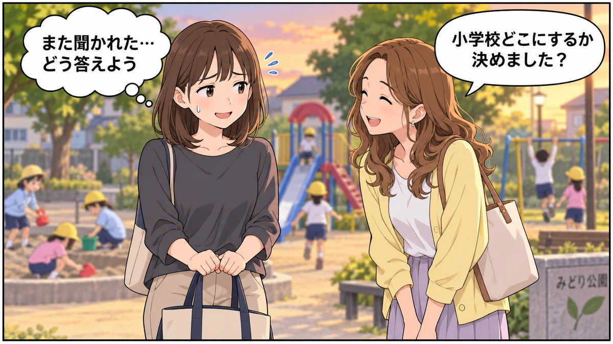 公園で「小学校どこにするか決めました？」と聞かれて困っているママ